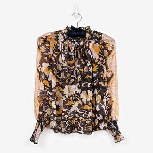 O.P.T Floral Blouse Extra Small Peasant Top Flowy Semi-Sheer Romantic Dark Boho